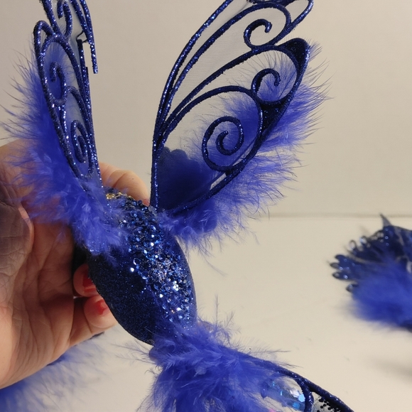 Deep Blue 4 Feather Peacocks Glitter and Feathers Long Tail 1 Humming Bird Clip - Picture 14 of 16